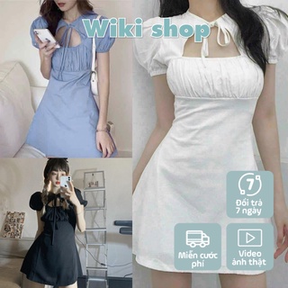 Váy buộc nơ cổ nhún ngực trắng - Váy đầm nữ tay bồng nhún ngực dáng A freesize phom ôm tôn dáng C358