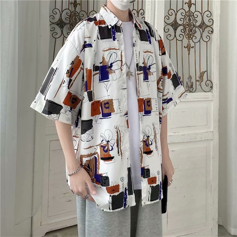 Korean Style Retro Floral Pattern Short Sleeve Men's Shirt