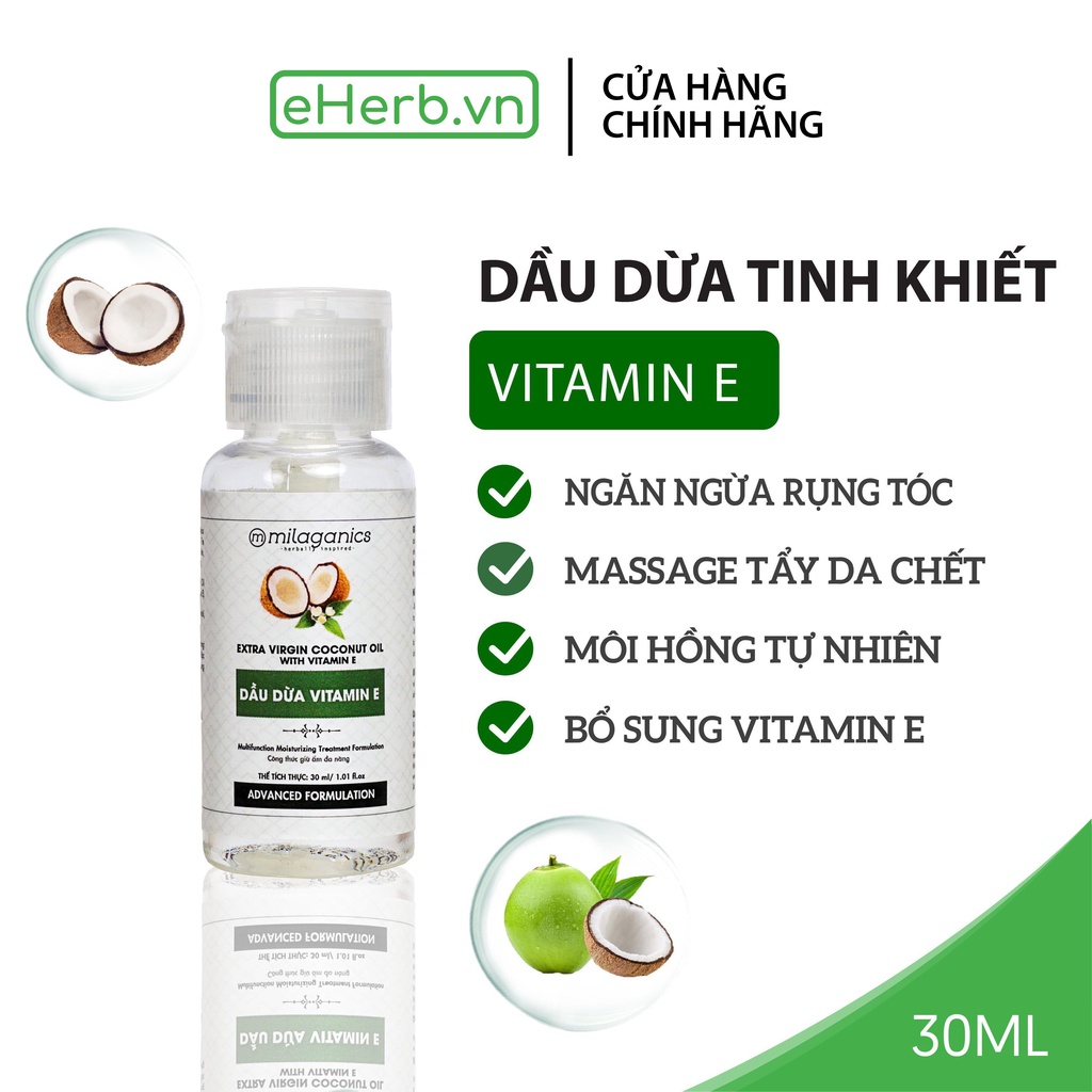 Dầu dừa ủ tóc vitamin E giúp tóc chắc khỏe, phục hồi tóc hư tổn MILAGANICS 30ml (chai)