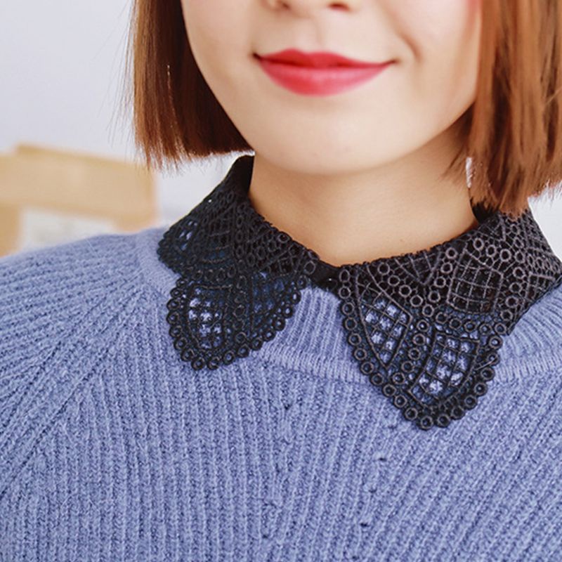 Áo Thun Nữ Giả Cổ Bẻ Phối Ren Họa Tiết Cánh Côn Trùng Màu Trắng Đen Tháo Rời Được Phong Cách Hàn Quốc