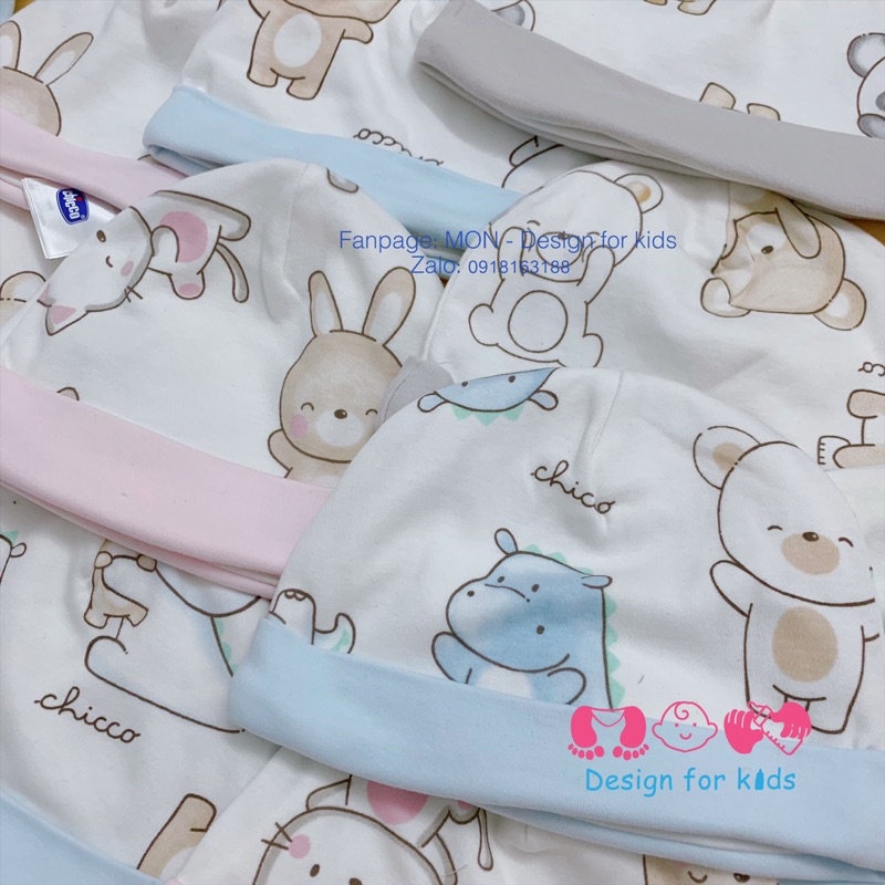 Yếm đeo cổ lót nỉ mềm, mũ sơ sinh cotton 2 lớp hàng xuất dư Chicco cho bé