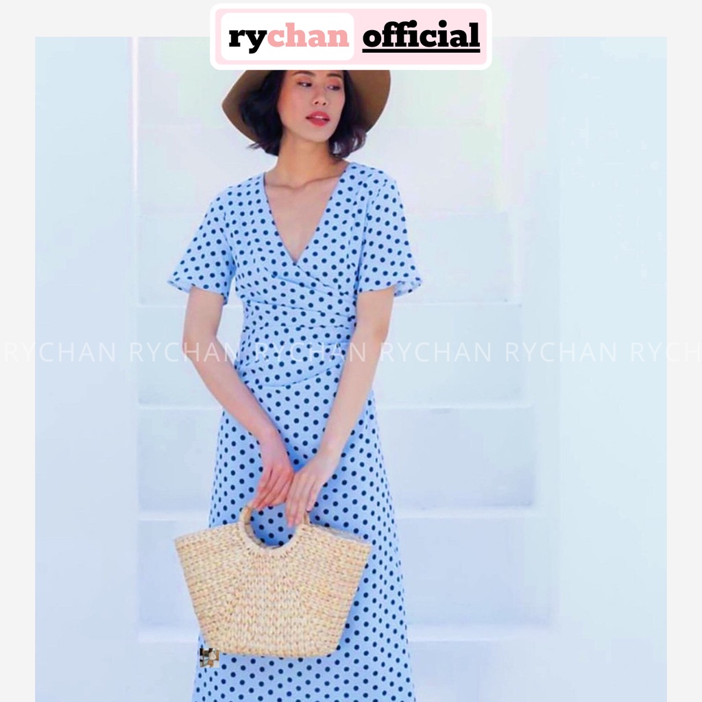 Đầm ĐI Du Lịch Thiết Kế Xoè Đắp Chéo Chấm Bi Form Dài - DX046