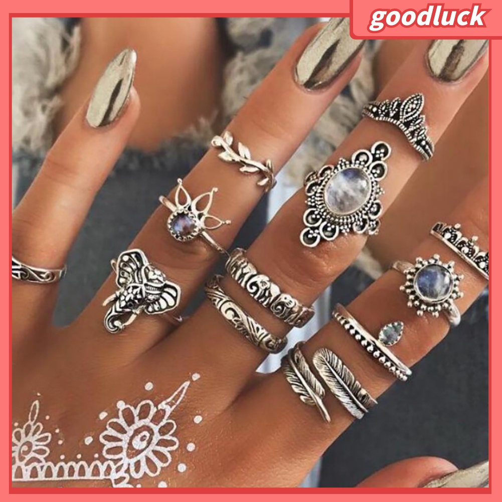 Bộ 12 nhẫn đính đá quý nhân tạo phong cách Boho cổ điển cho nữ