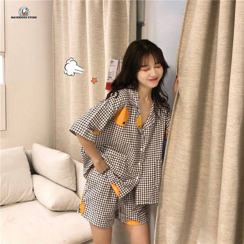 Bộ đồ ngủ tay ngắn dáng rộng họa tiết sọc caro phong cách Hàn Quốc dễ thương thời trang xuân hè cho nữ