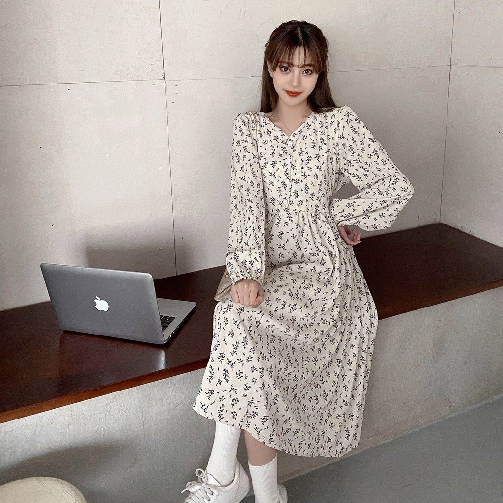 Váy hoa nhí dáng dài cổ V / Váy hoa vintage dài tay ulzzang nữ