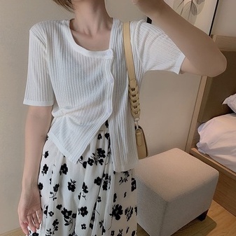 【ZHELIHANGFEI】 Áo Cardigan Dệt Kim Lụa Lạnh Tay Ngắn Cổ Chữ V Phối Nút Bên Hông