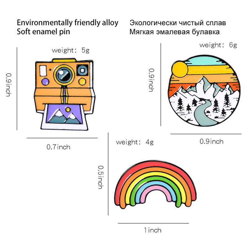 Ghim cài áo trang trí hình dạng cầu vồng/máy ảnh polaroid/họa tiết mặt trời lặn phong cách hoạt hình