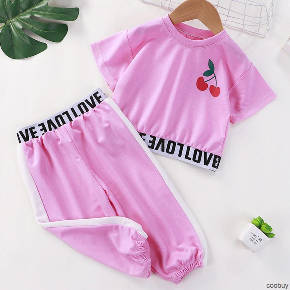 Đồ Thể Thao Vải Cotton Ngắn Tay Cổ Tròn In Họa Tiết Thời Trang Mùa Hè Cho Bé Gái