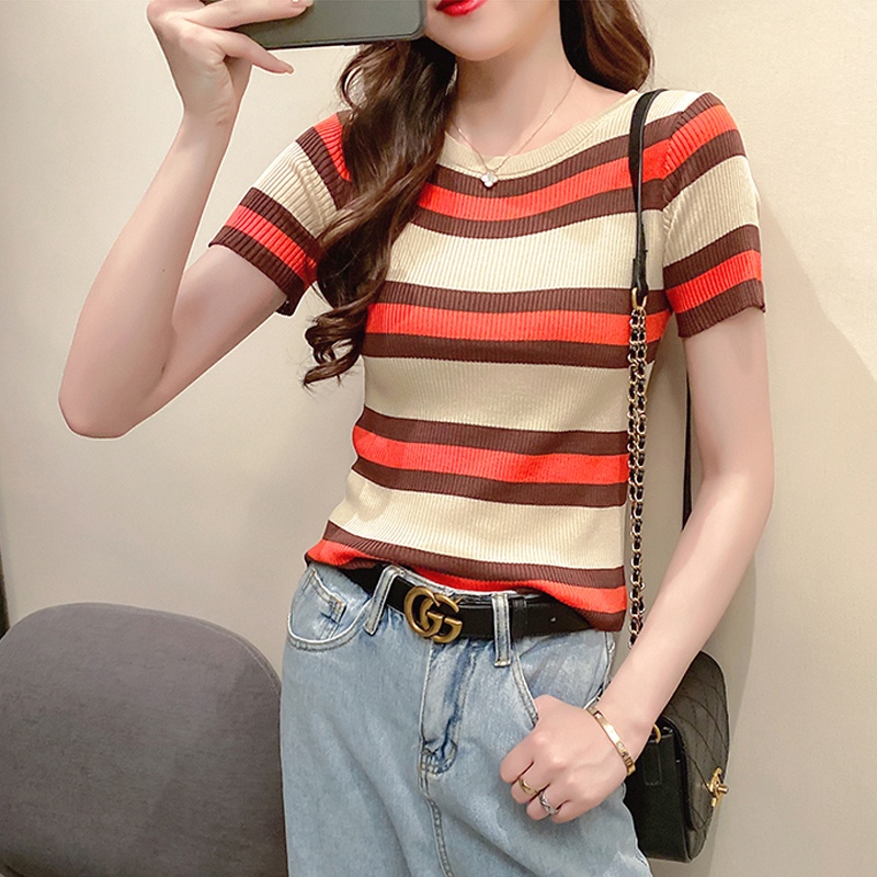 Áo Thun Dệt Kim Ngắn Tay Cổ Vuông Kẻ Sọc Thời Trang Trẻ Trung Áo Dệt Kim Ngắn Tay Cổ Tròn Họa Tiết Kẻ Sọc Nhiều Màu Thời Trang Mùa Hè Cho Nữ