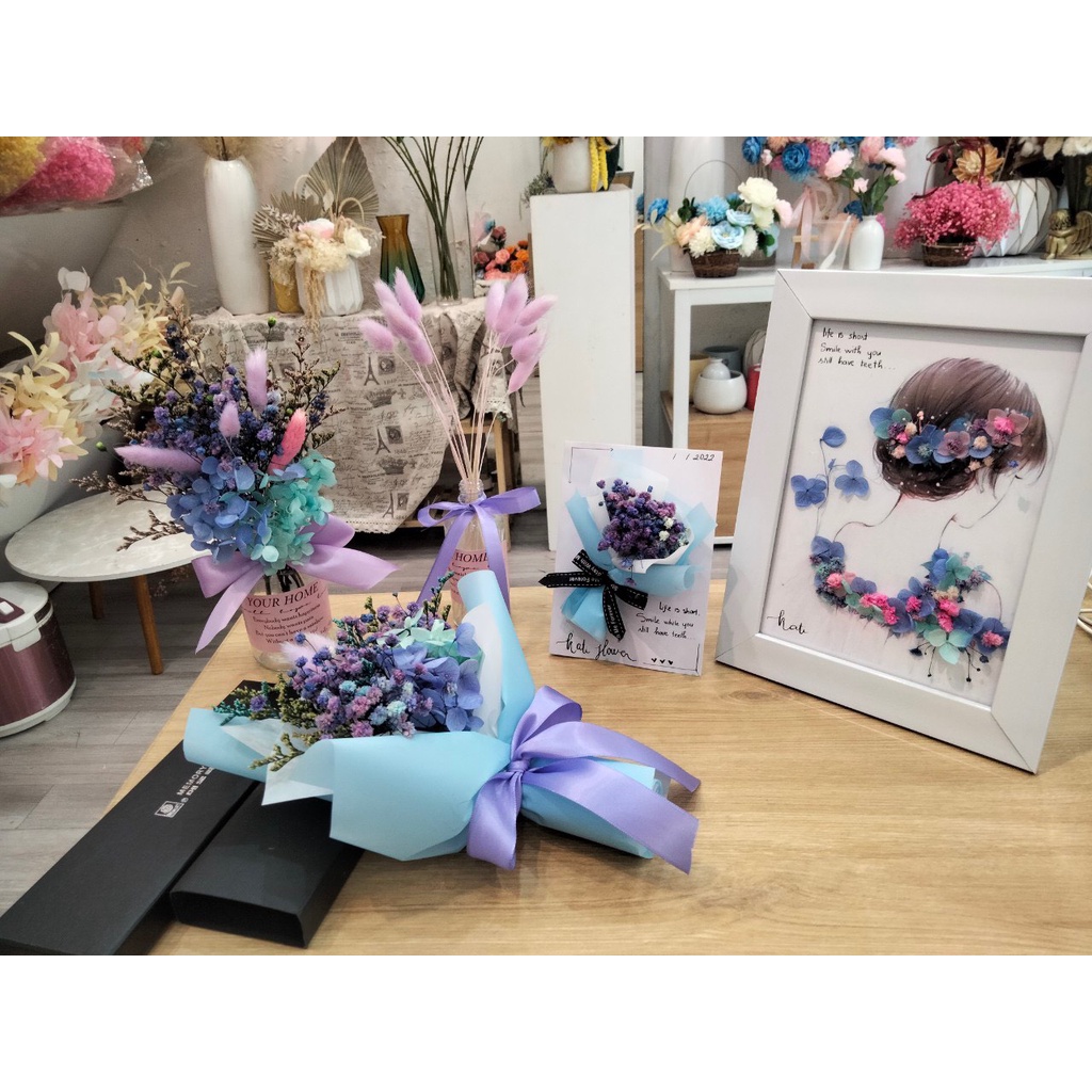 Tranh hoa khô, quà tặng trang trí, decor, hoababy, bó hoa khô siêu xinh