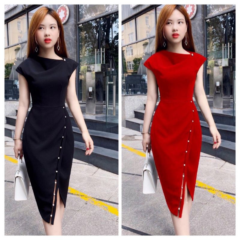 Váy đầm ôm body xẻ tà đính hạt trai duyên dáng size từ 40-70kg
