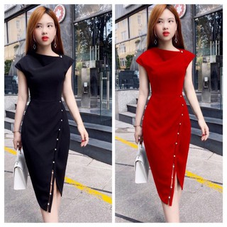 Váy đầm ôm body xẻ tà đính hạt trai duyên dáng size từ 40-70kg