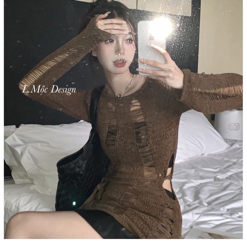 Đầm body len rách hở eo thắt dây