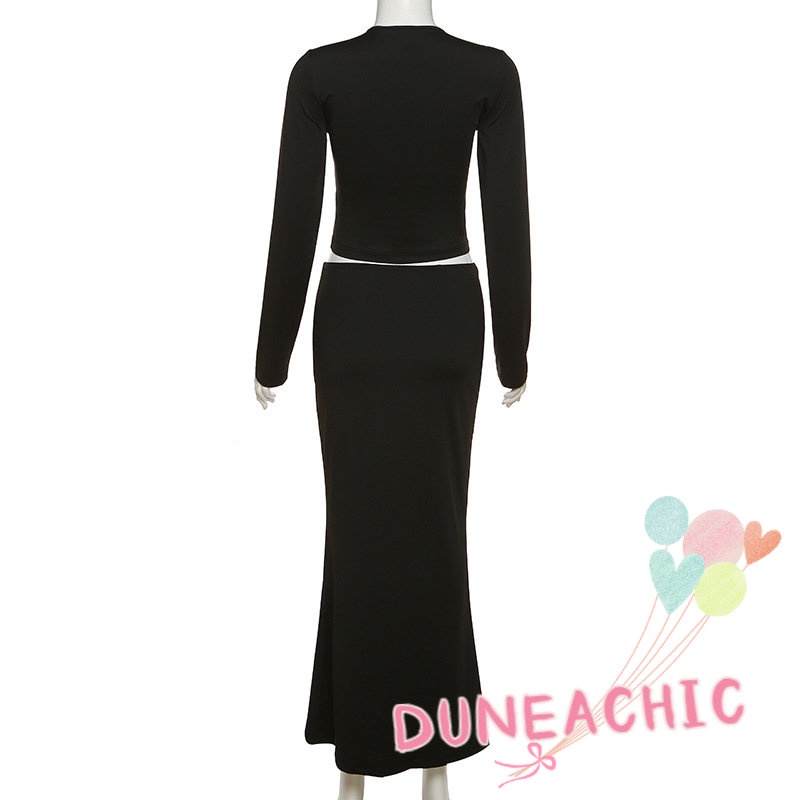 DUNEA Set Áo Thun Tay Dài Cổ Chữ V + Chân Váy Maxi 2 Lớp Màu Trơn Cho Nữ