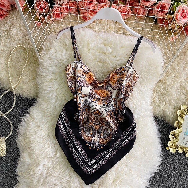 [Mã WAMT10K giảm 10k cho đơn 0k] Áo yếm cột nơ lưng, họa tiết khăn lụa thổ cẩm. Loại 1 lớp vải lụa mỏng | BigBuy360 - bigbuy360.vn