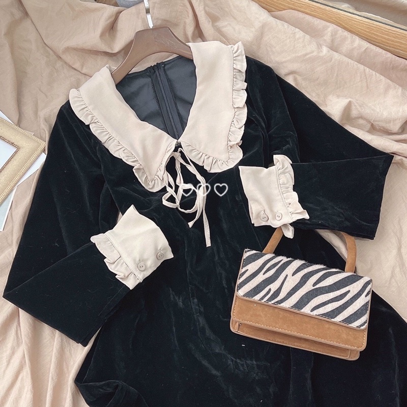 ĐẦM NHUNG ĐEN TD CỔ KEM