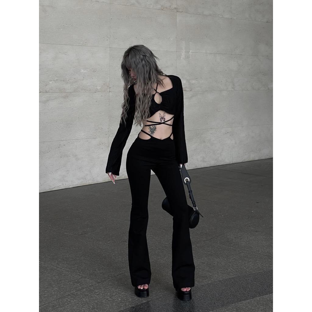 SÉT ÁO ĐAN DÂY CỔ YẾM + QUẦN ỐNG LOE MÀU ĐEN SIÊU SANG CHẢNH SEXY M020