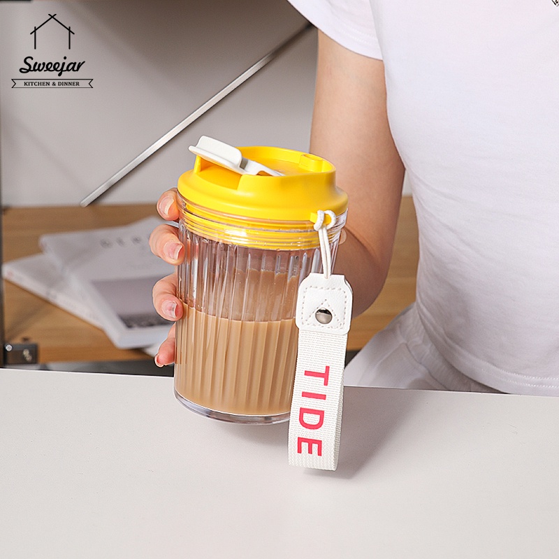 Cốc Uống Trà Cà Phê 400ML Bằng Nhựa PP Có Thể Tái Sử Dụng Kèm Nắp Đậy Và Dây Rút Tiện Dụng Mang Theo Du
