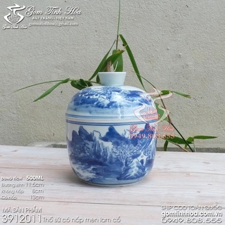 Thố sứ men lam cổ vẽ sơn thủy gốm sứ Bát Tràng