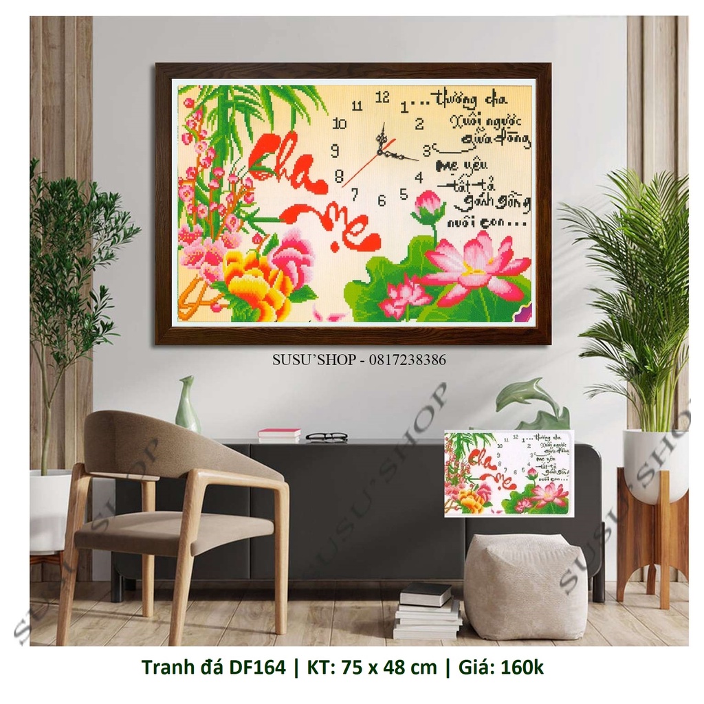 Tranh đính đá đồng hồ cha mẹ DF164 (75 x 48 cm)