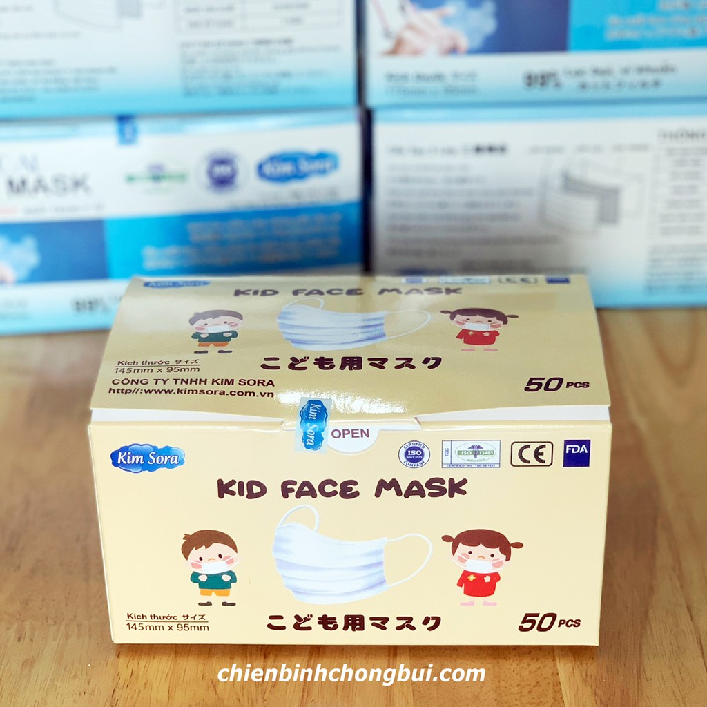 Hộp 50 chiếc khẩu trang trẻ em y tế trắng Kim Sora 3 lớp màu trắng hàng chính hãng.
