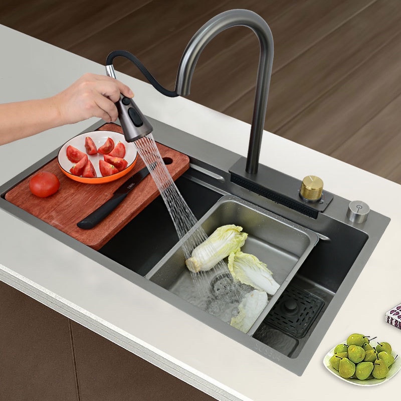 COMBO chậu rửa chén 1 hố kèm vòi nóng lạnh rút dây, sơn tĩnh điện công nghệ nano có chế độ rửa kiểu thác nước