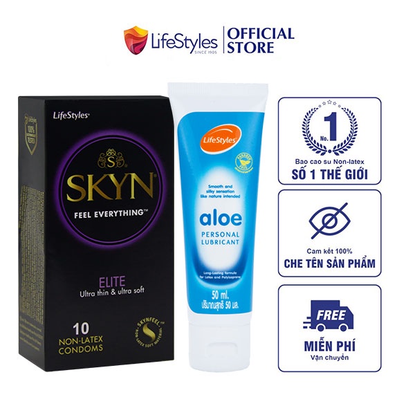 Combo Bao cao Su LifeStyles SKYN ELITE Non-latex Siêu Mỏng 10 bao + Gel Bôi Trơn Tinh Chất Lô Hội LifeStyles Aloe 50ml