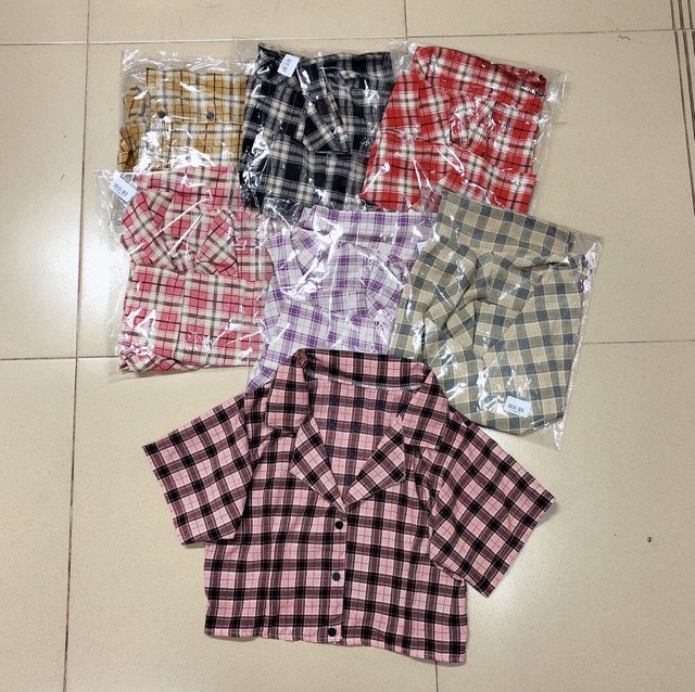 Áo croptop sơ mi tay ngắn caro cổ vest đủ màu siêu đẹp ( kèm ảnh chụp )