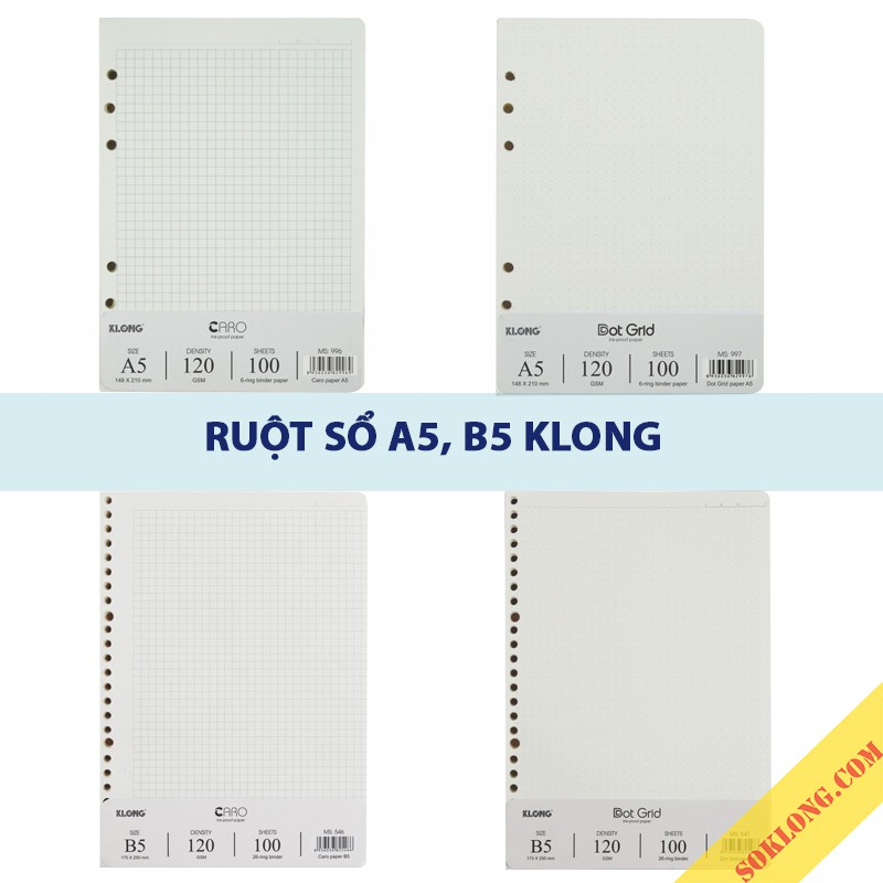 Ruột sổ còng Klong A5, B5 chấm dotgrid/ caro/ kẻ ngang, giấy refill binder thay thế tiện lợi