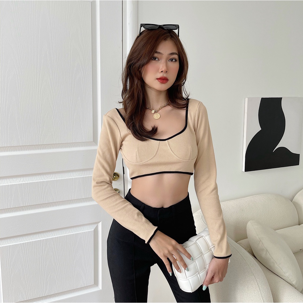 Áo croptop nữ body dài tay TOPTIFY thun gân cổ vuông viền ngực Peony Top AC210