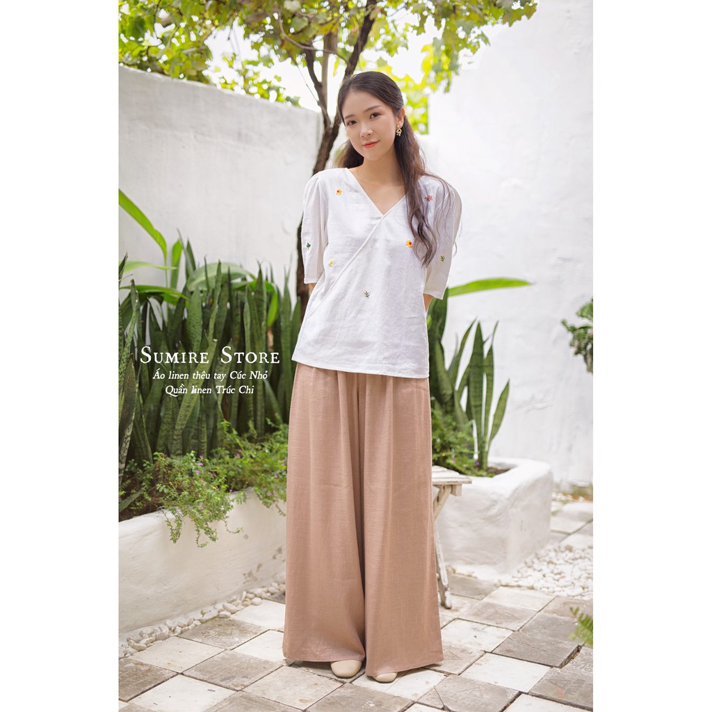 Sumire Store Quần Linen ống rộng Trúc Chi Không túi