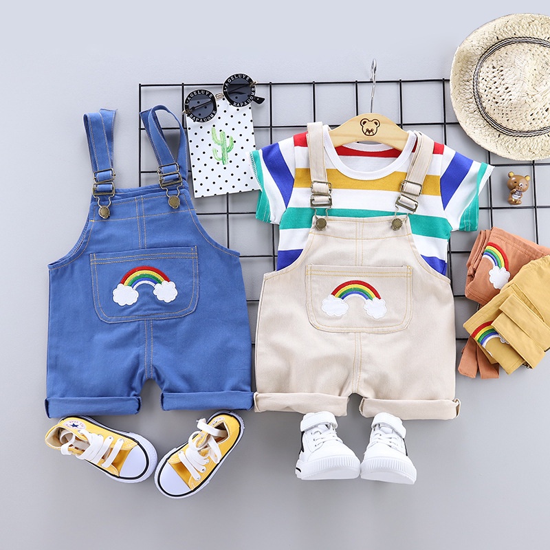 Bộ quần áo Luckycandy tay ngắn kẻ sọc trang trí hình cầu vồng phong cách Hàn Quốc thời trang mùa hè dành cho trẻ em