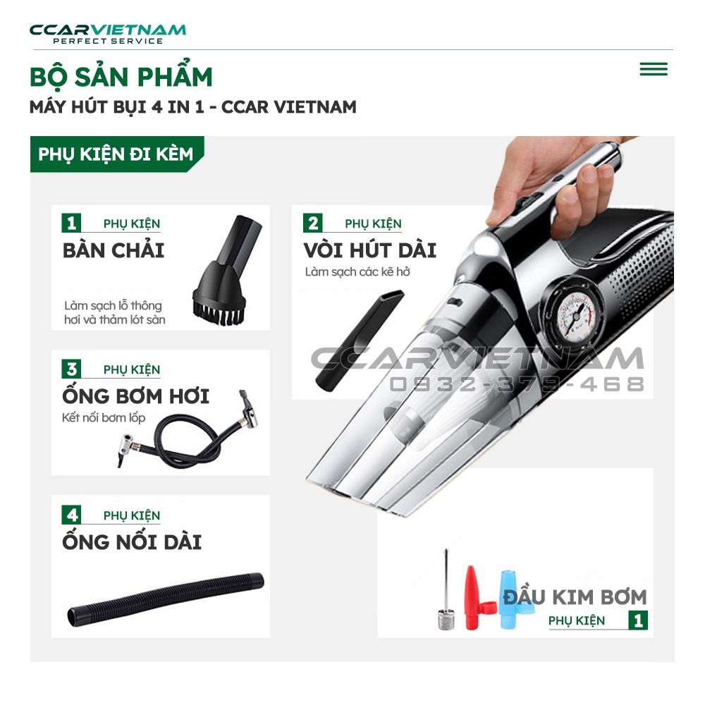 Máy Hút Bụi Ô Tô 4 In 1 Kèm Bơm Lốp  - Bảo Hành 12 Tháng Công Suất 120W, Lực Hút Khỏe