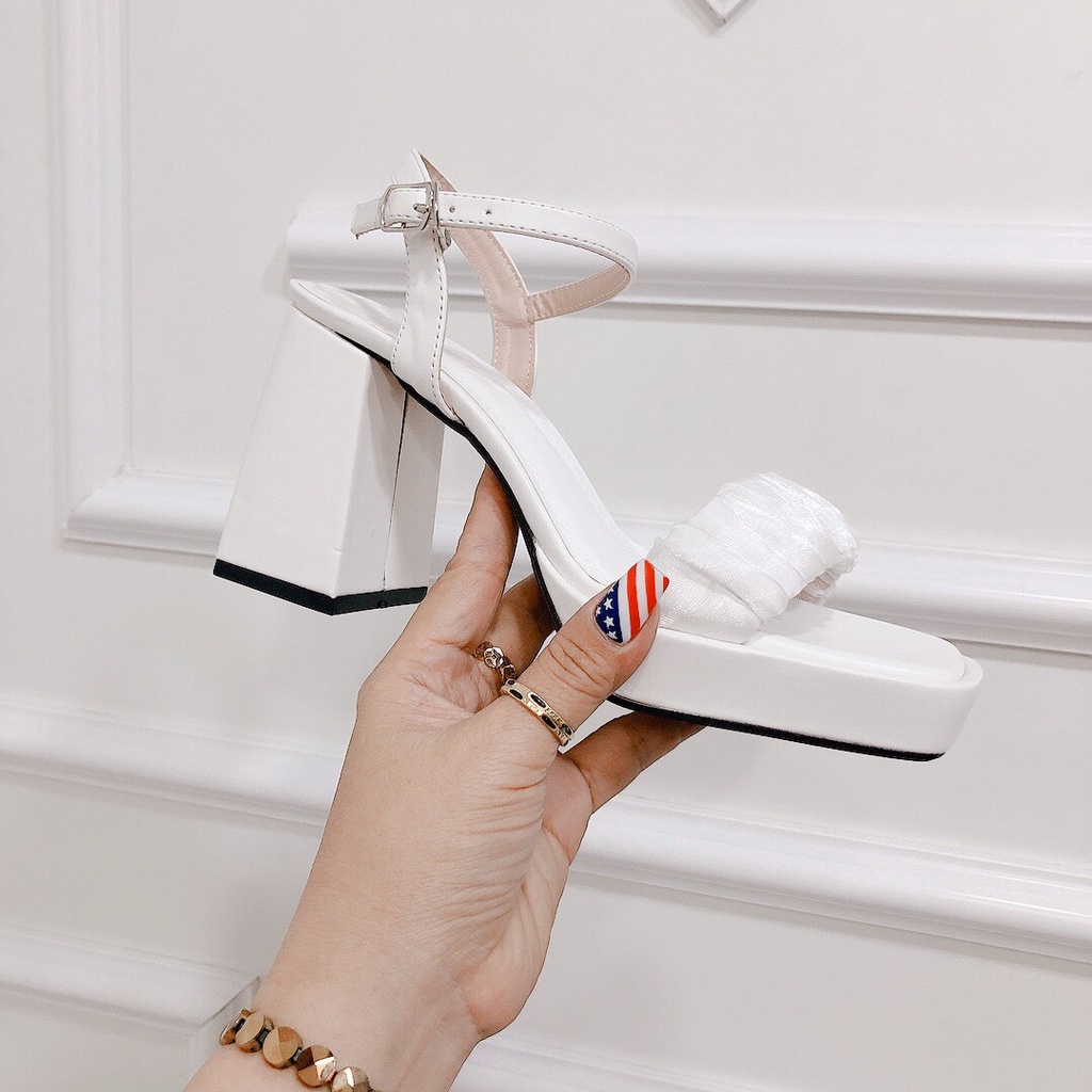 Giày Sandal gót vuông cao 9P quai nhúm phối voan mềm mại form chuẩn đẹp đi chơi đi tiệc siêu xinh