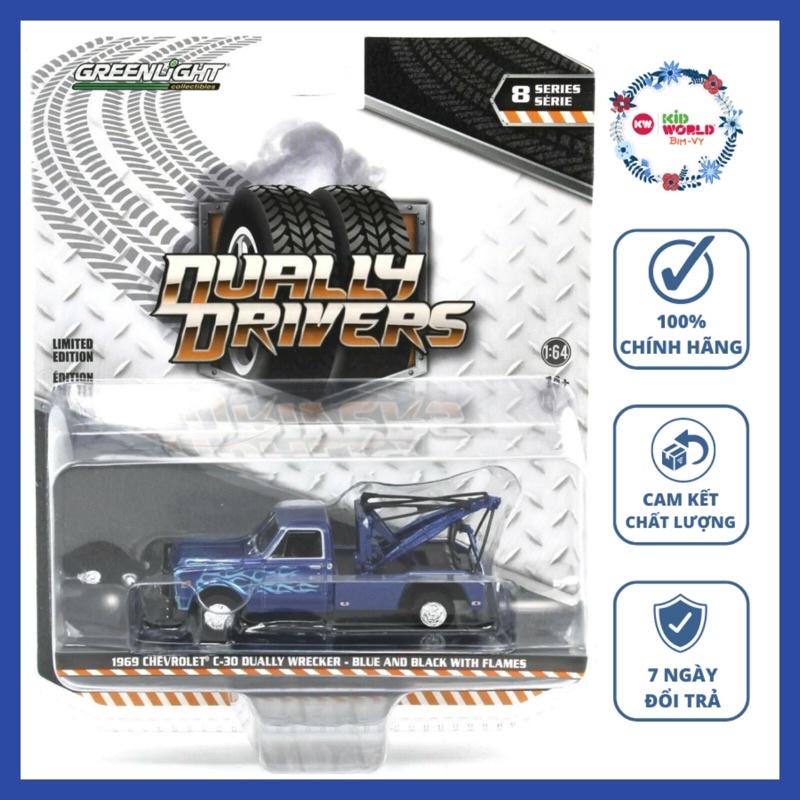 Xe mô hình GreenLight Dually Drivers Series 8 1969 Chevrolet C-30 Dually Wrecker - Blue and Black with Flames 46080-A.