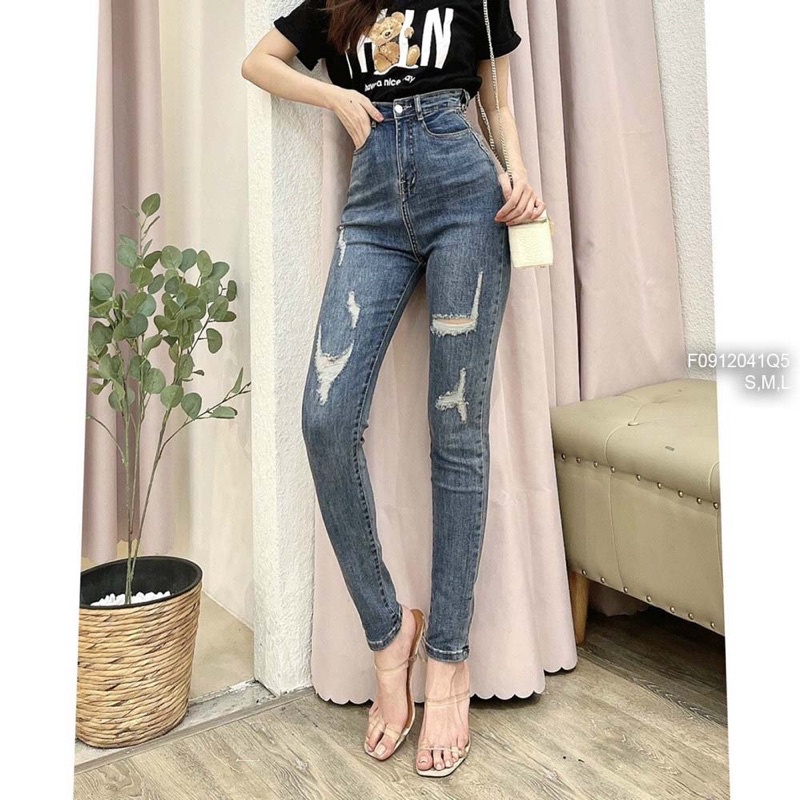 Quần jeans dài mài rách