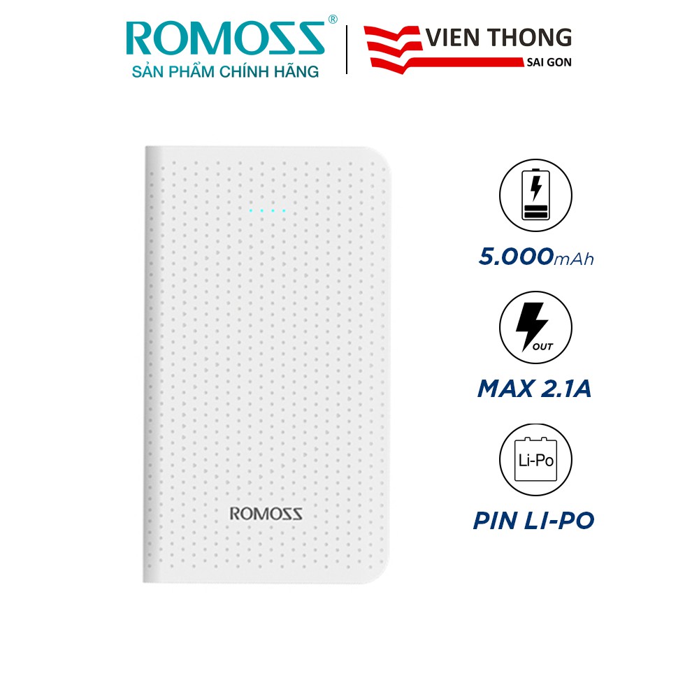 Pin sạc dự phòng Romoss Sense mini 5.000mAh (Trắng) hỗ trợ sạc nhanh 2.1A - Hãng phân phối chính thức