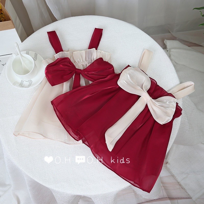 Đầm váy hở vai HC21 hai dây tiểu thư phối nơ siêu cute cho bé gái 8Kg - 20Kg mùa hè