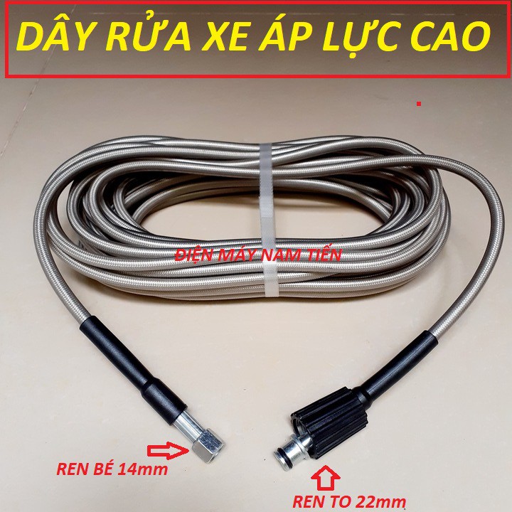 Dây Rửa Xe 10m,15m.20m Cho Máy Bơm Xịt Rửa Áp Lực Cao - Ren nối sung 14mm