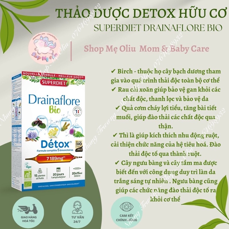 Detox 5 trong 1 SuperDiet Drainaflore Bio Pháp hộp 20 ống