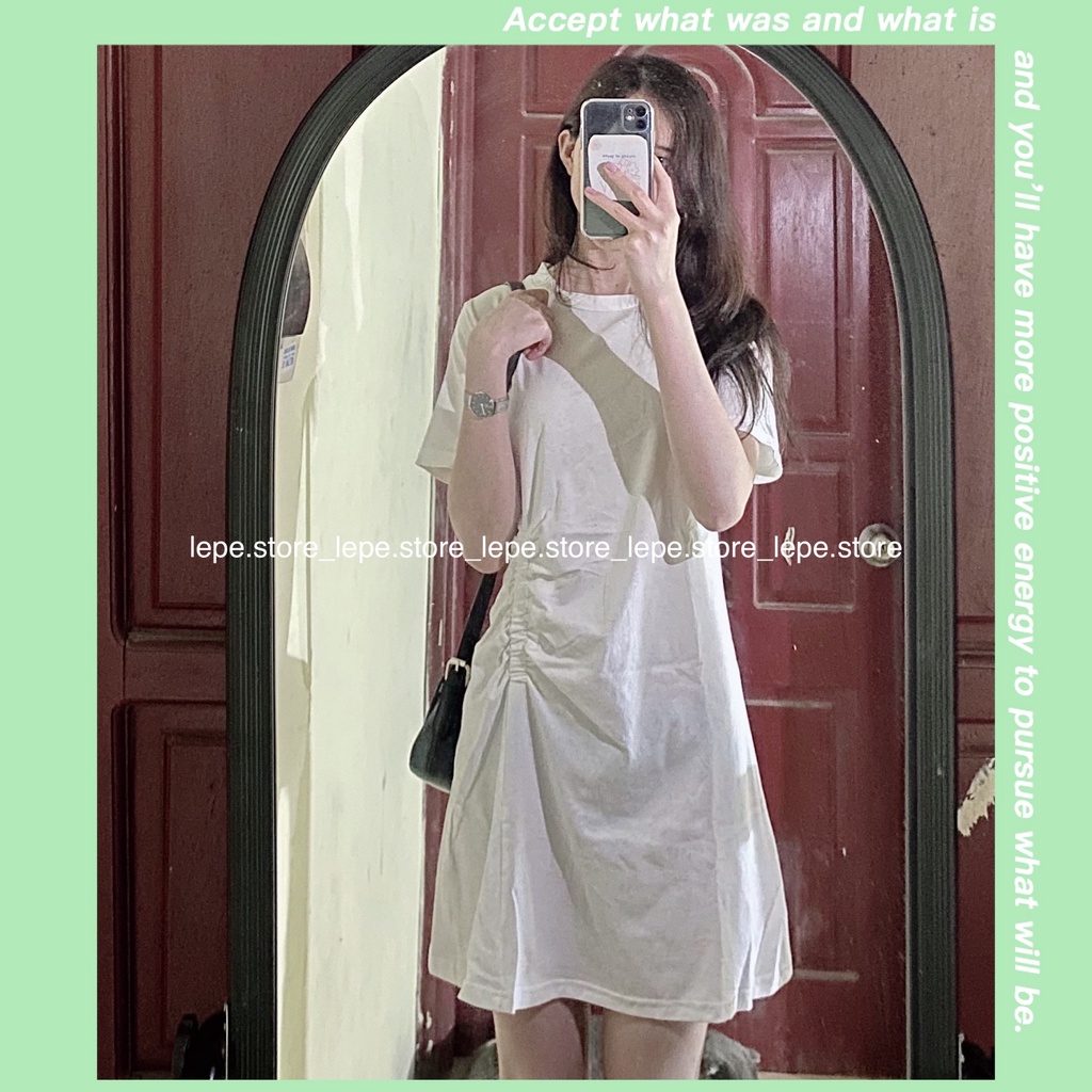 Đầm polo, váy polo suông dáng ngắn Cộc Tay cổ tròn Basic thắt chun dáng chữ A polo, ảnh tự chụp