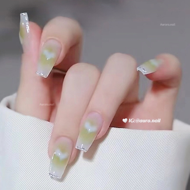 (TẶNG KEO DŨA) Bộ 24 nail giả tone xanh bơ trái tim hot trend nailbox dễ sử dụng