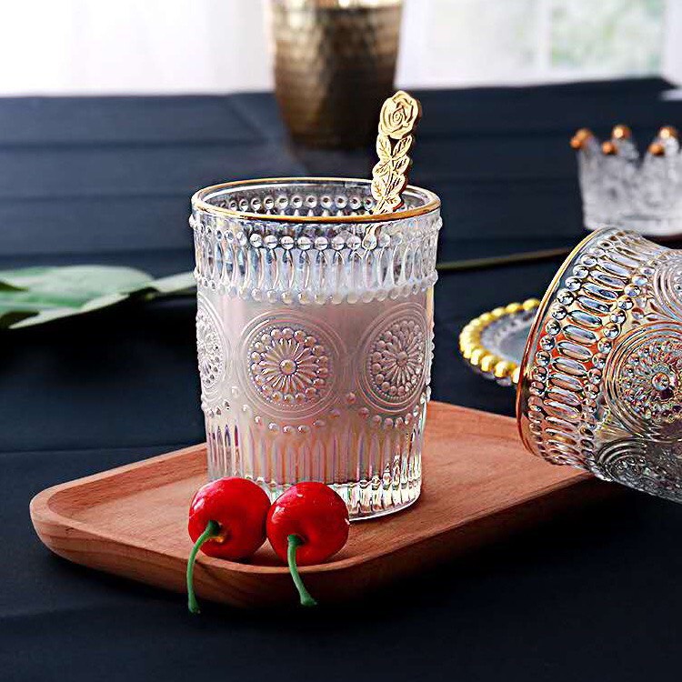 Cốc thủy tinh viền vàng vân họa tiết mặt trời, ly thủy tinh cao cấp