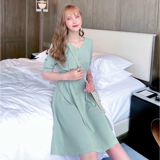 Đầm dạo phố màu xanh mint nút ngọc (kèm hình thật)