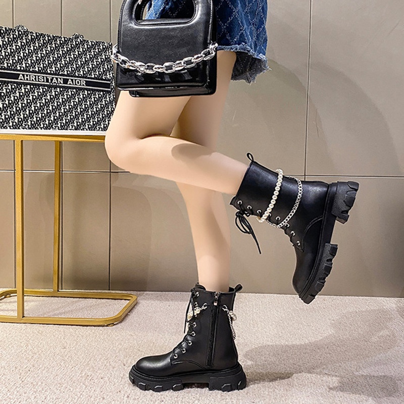 Đôi bốt Martin IELGY đế dày buộc dây dạng chuỗi ngọc trai thời trang cho nữ