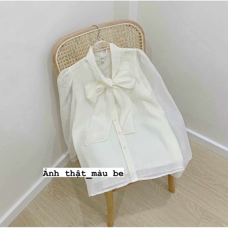 SẴN | Áo sơ mi tiểu thư phối nơ dài tay