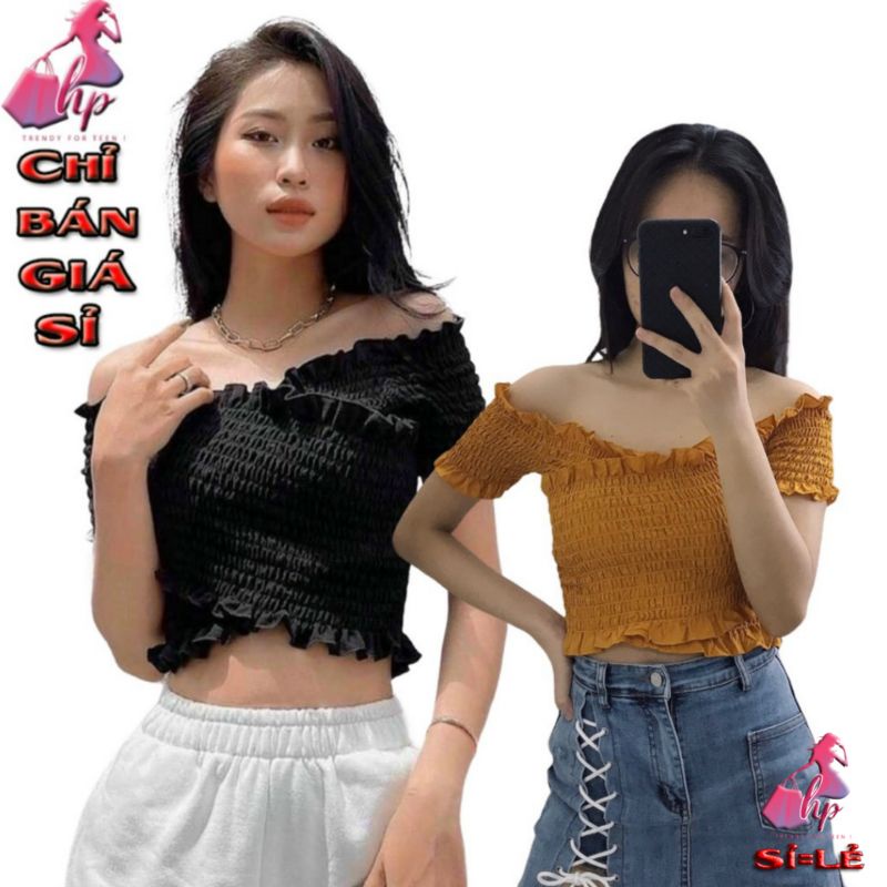 Áo kiểu croptop nữ vải voan tay ngắn trễ vai ôm body siêu cá tính [ Giá bán sỉ ]