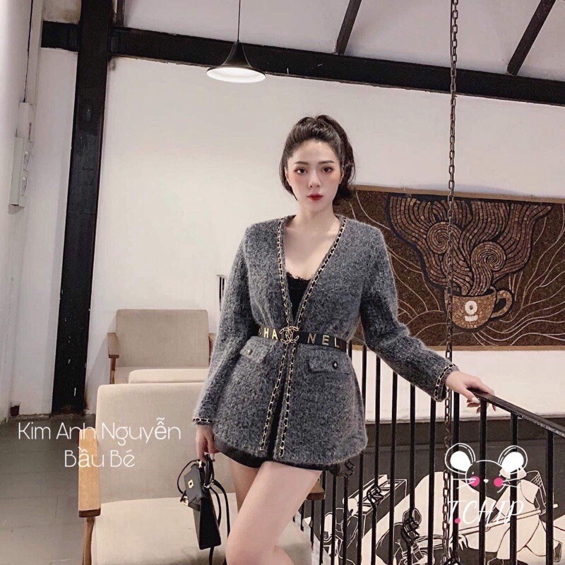 (thanh lý) áo khoác dạ lông viền xích kèm đai chane.l