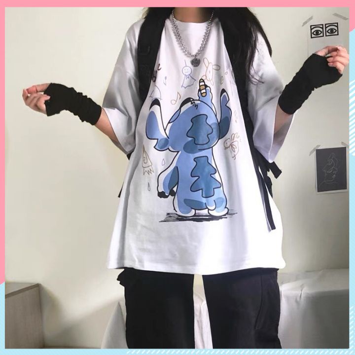 Áo thun unisex tay lỡ form rộng, áo phông nam nữ form rộng chất mát mịn thấm hút mồ hôi in hình STITCH