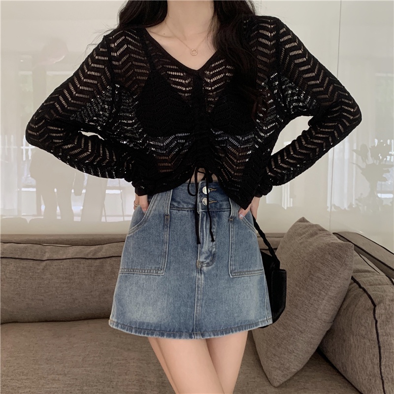 Áo Len Tay Dài Cổ Chữ V Dáng Rộng Phối Dây Rút Thời Trang Mùa Hè Mới